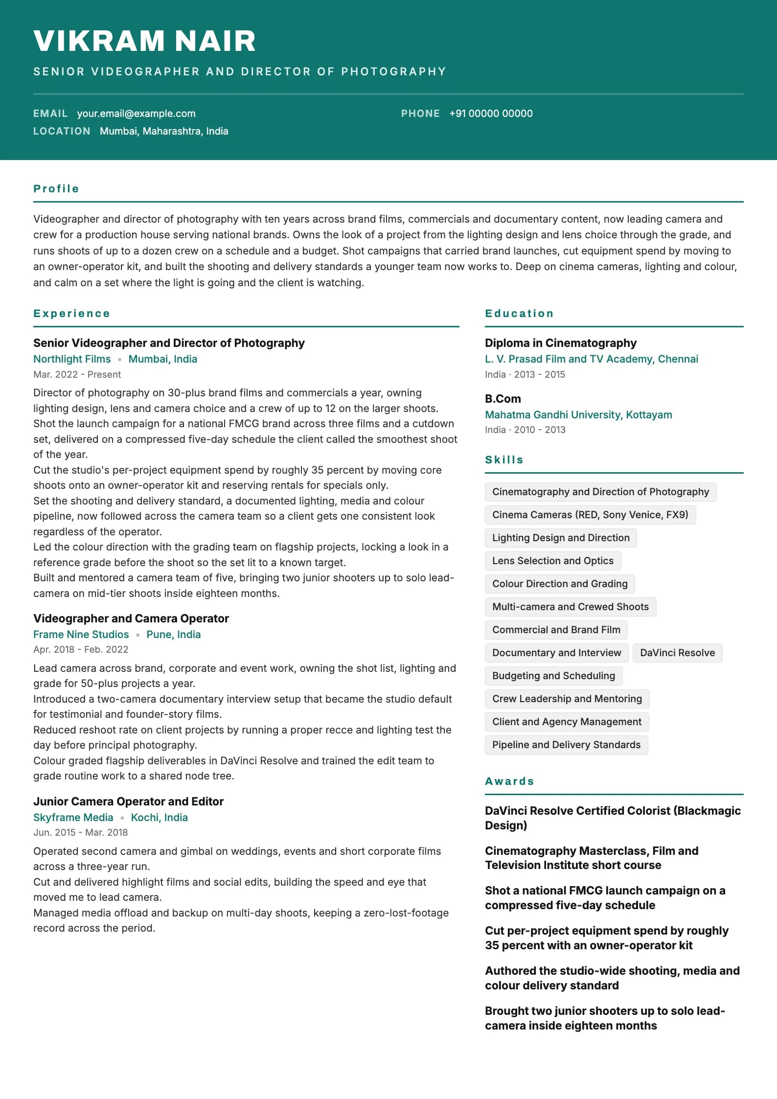 Videographer resume example for Senior (10 years), header-band template, showing professional summary, work experience, skills, education and certifications