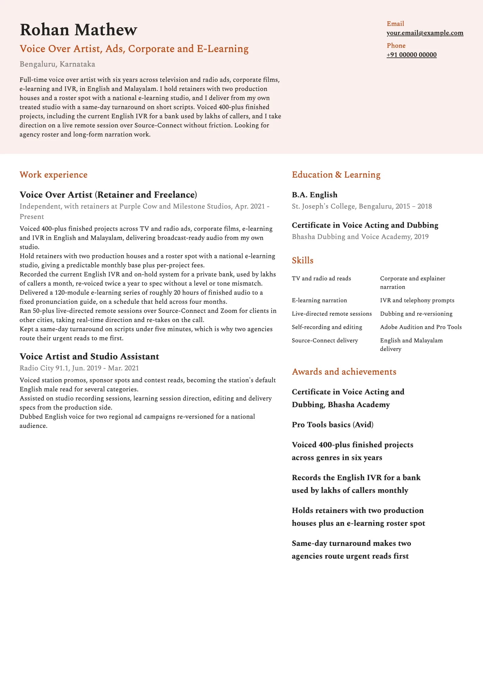 Voice Over Artist resume example for Full-time voice artist (6 years), modern template, showing professional summary, work experience, skills, education and certifications