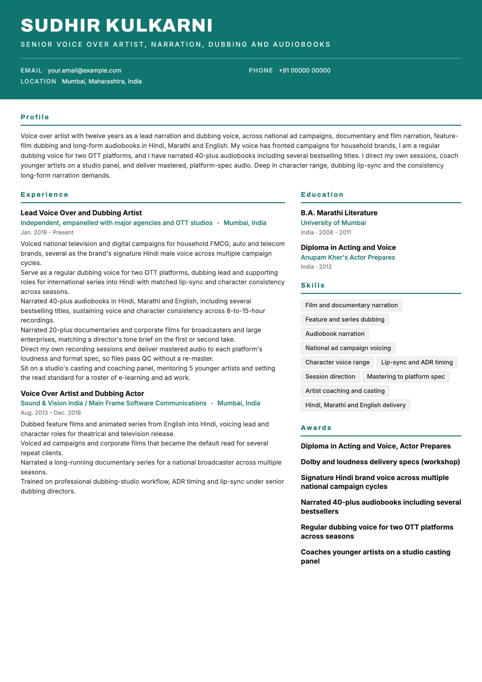 Voice Over Artist resume example for Senior narration and dubbing (12 years), header-band template, showing professional summary, work experience, skills, education and certifications