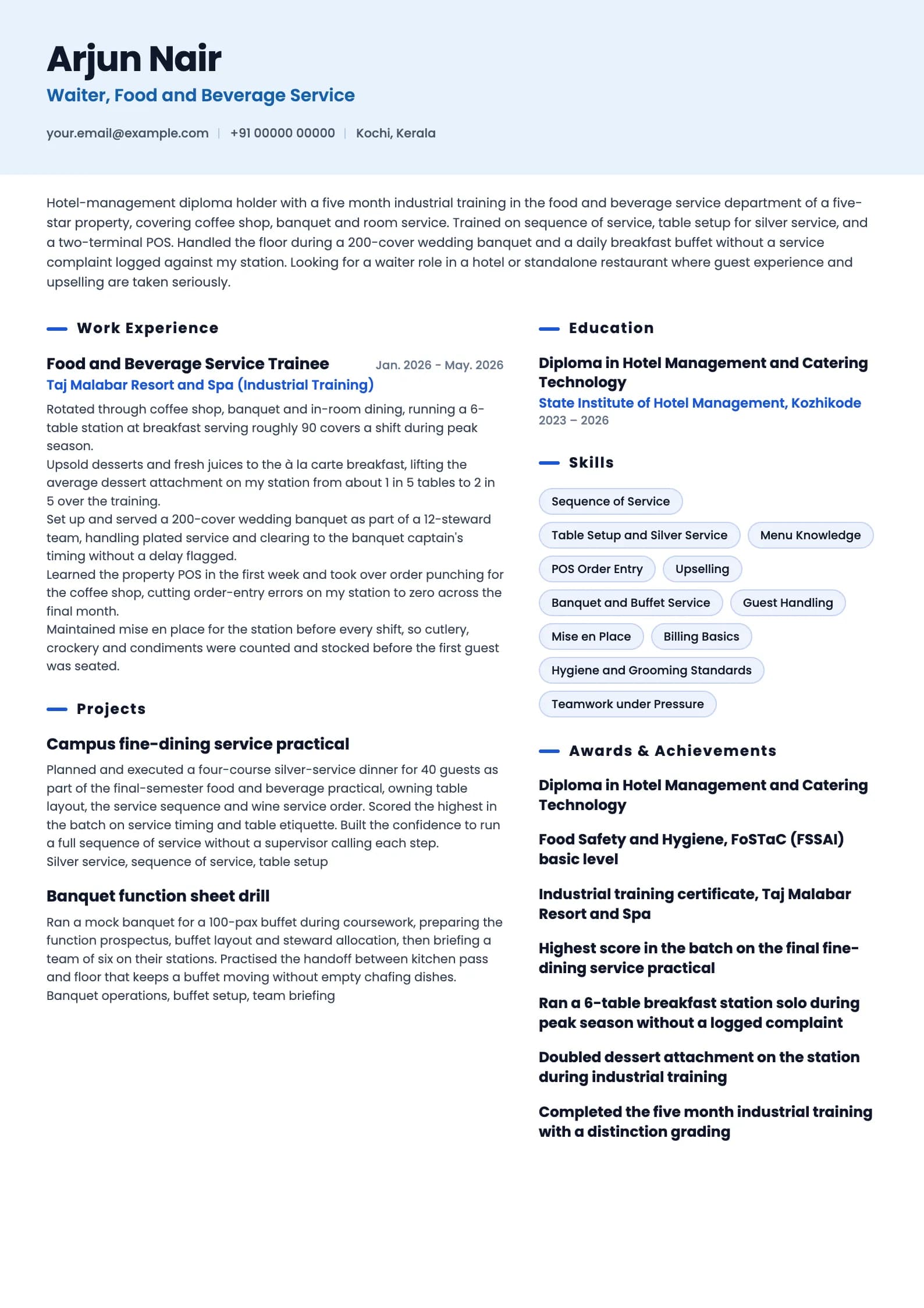 Waiter resume example for Fresher (0 years), ai-era template, showing professional summary, work experience, projects, skills, education and certifications