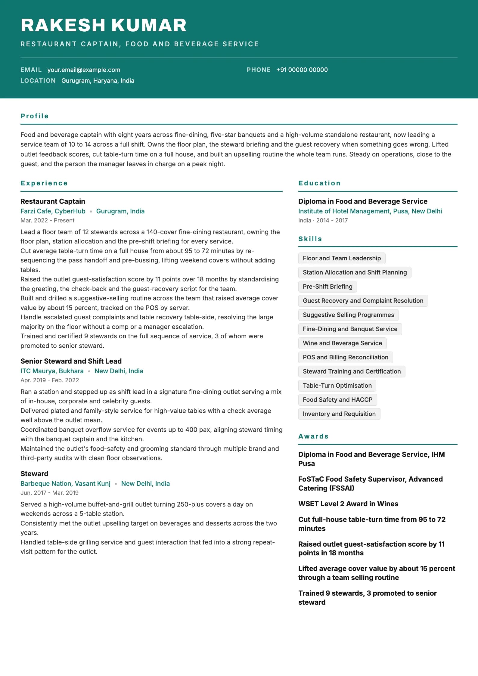 Waiter resume example for Captain (8 years), header-band template, showing professional summary, work experience, skills, education and certifications