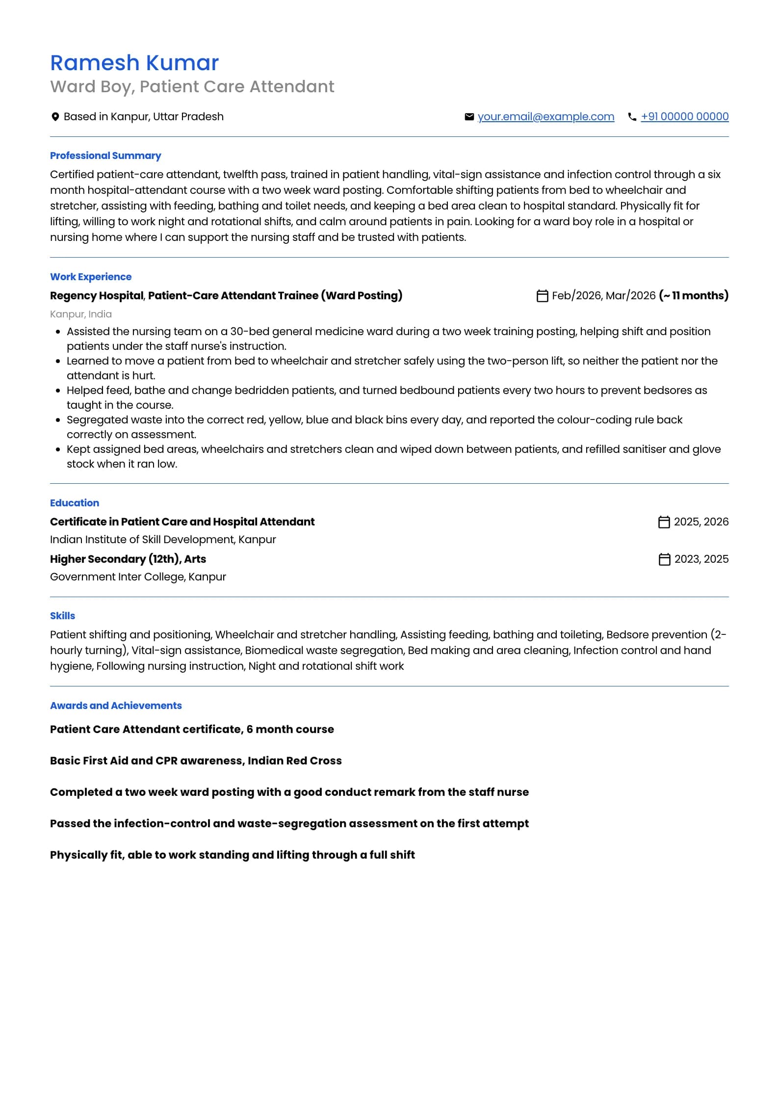 Ward Boy resume example for Fresher (0 years), minimalist template, showing professional summary, work experience, skills, education and certifications