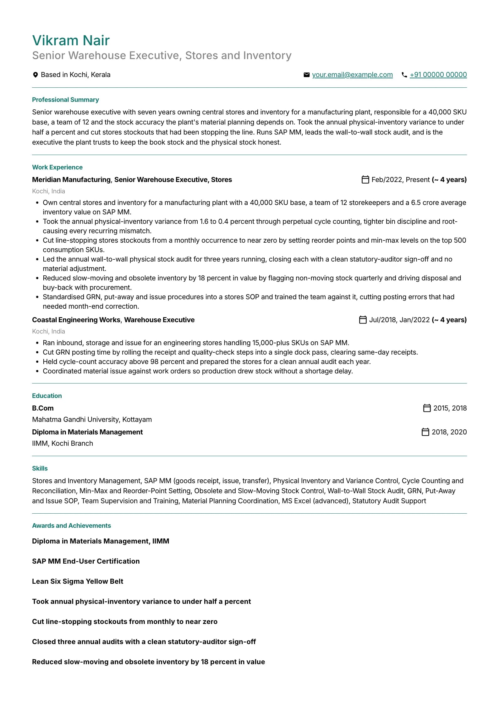 Warehouse Executive resume example for Senior Executive (7 years), minimalist template, showing professional summary, work experience, skills, education and certifications