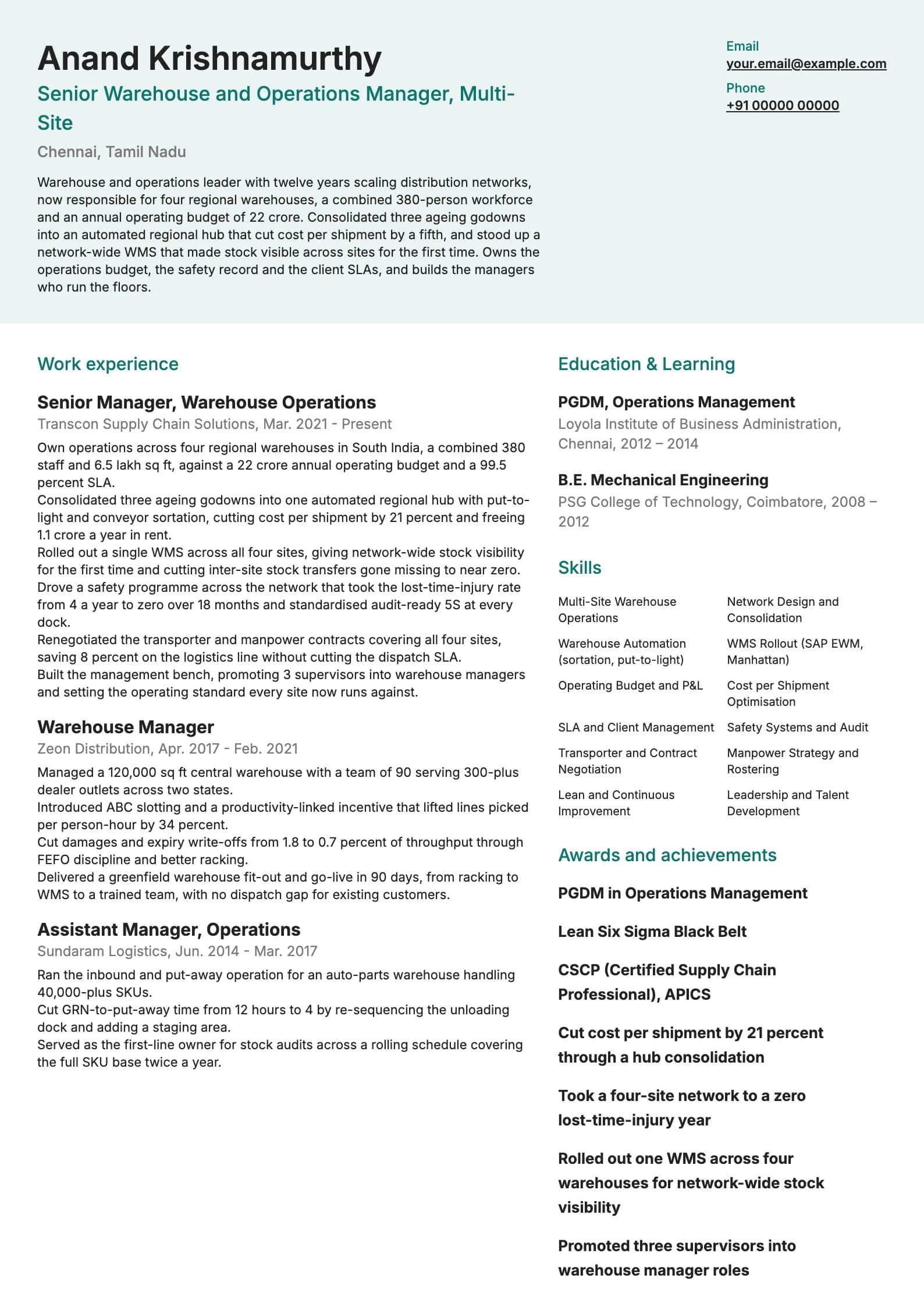 Warehouse Manager resume example for Senior Operations (12 years), modern template, showing professional summary, work experience, skills, education and certifications