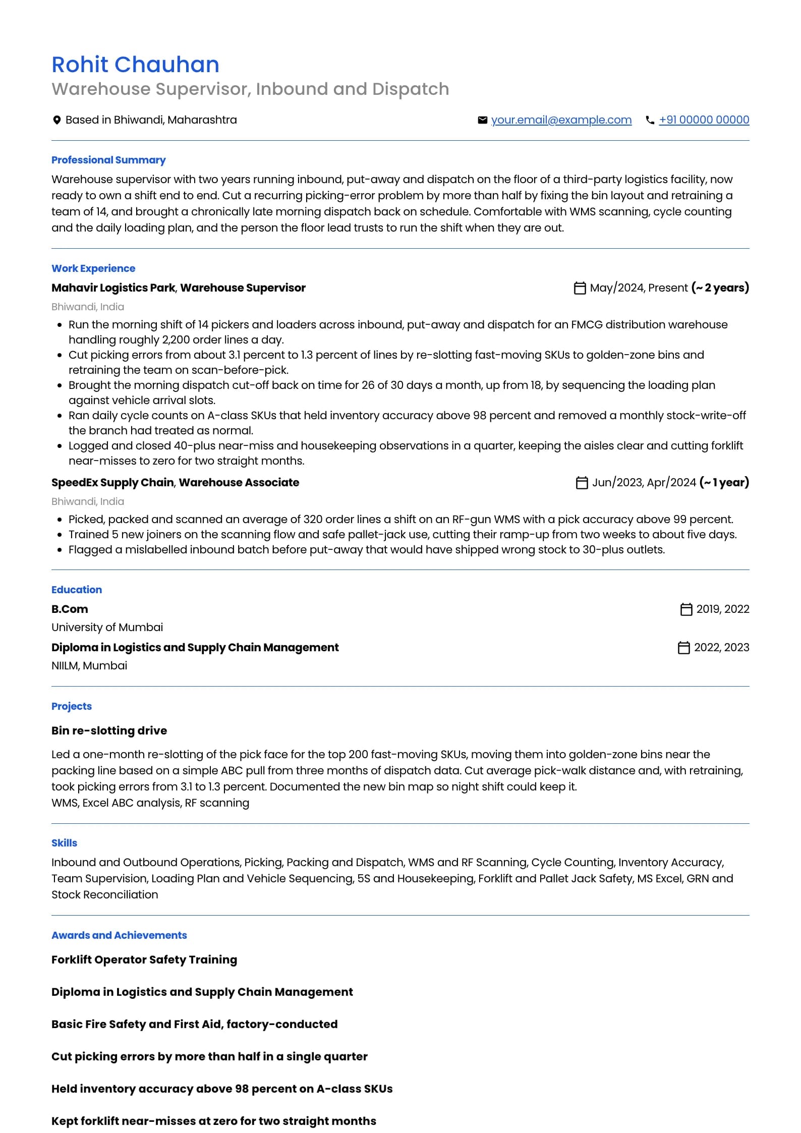 Warehouse Manager resume example for Supervisor stepping up (2 years), professional template, showing professional summary, work experience, projects, skills, education and certifications