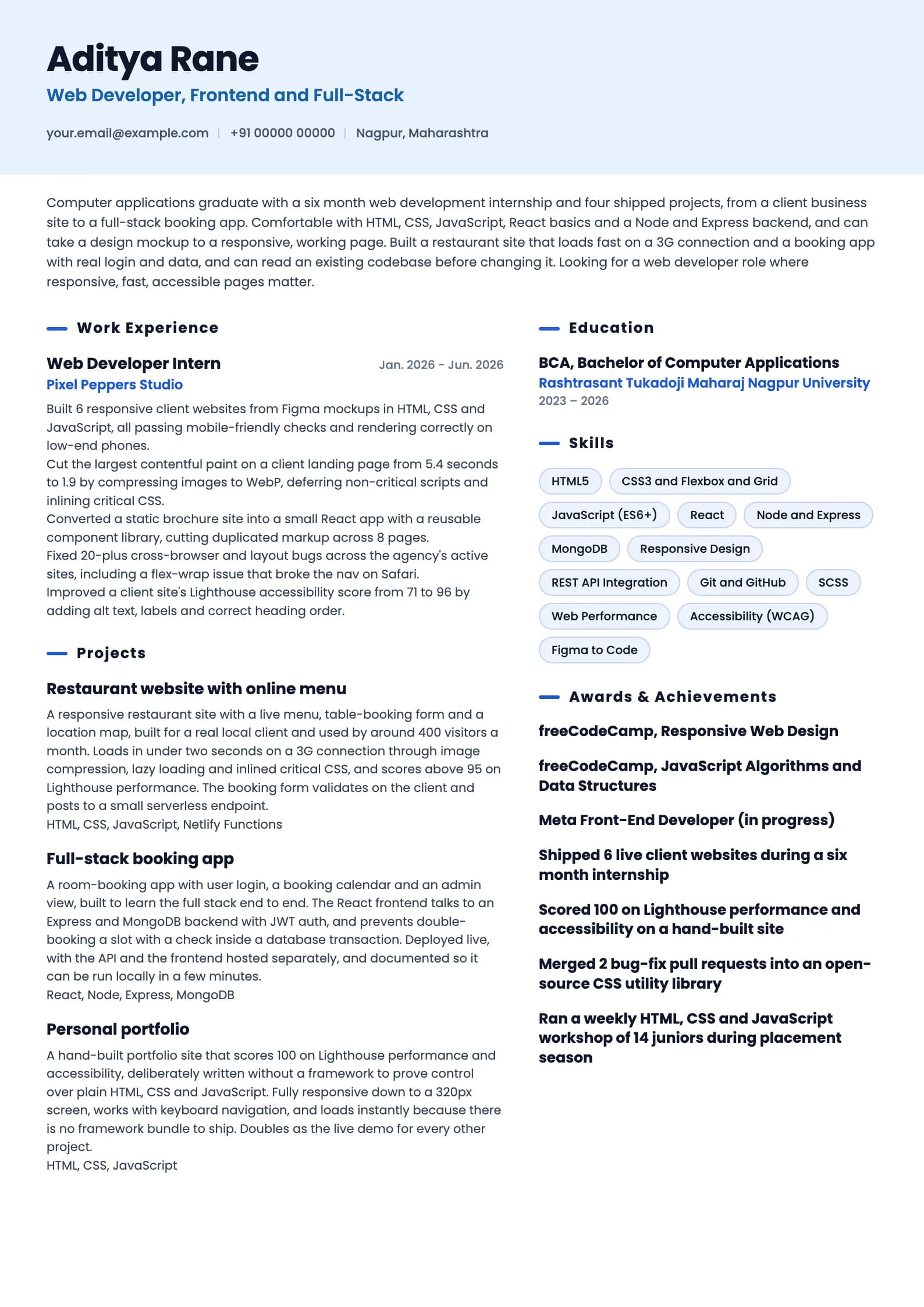 Web Developer resume example for Fresher (0 years), ai-era template, showing professional summary, work experience, projects, skills, education and certifications