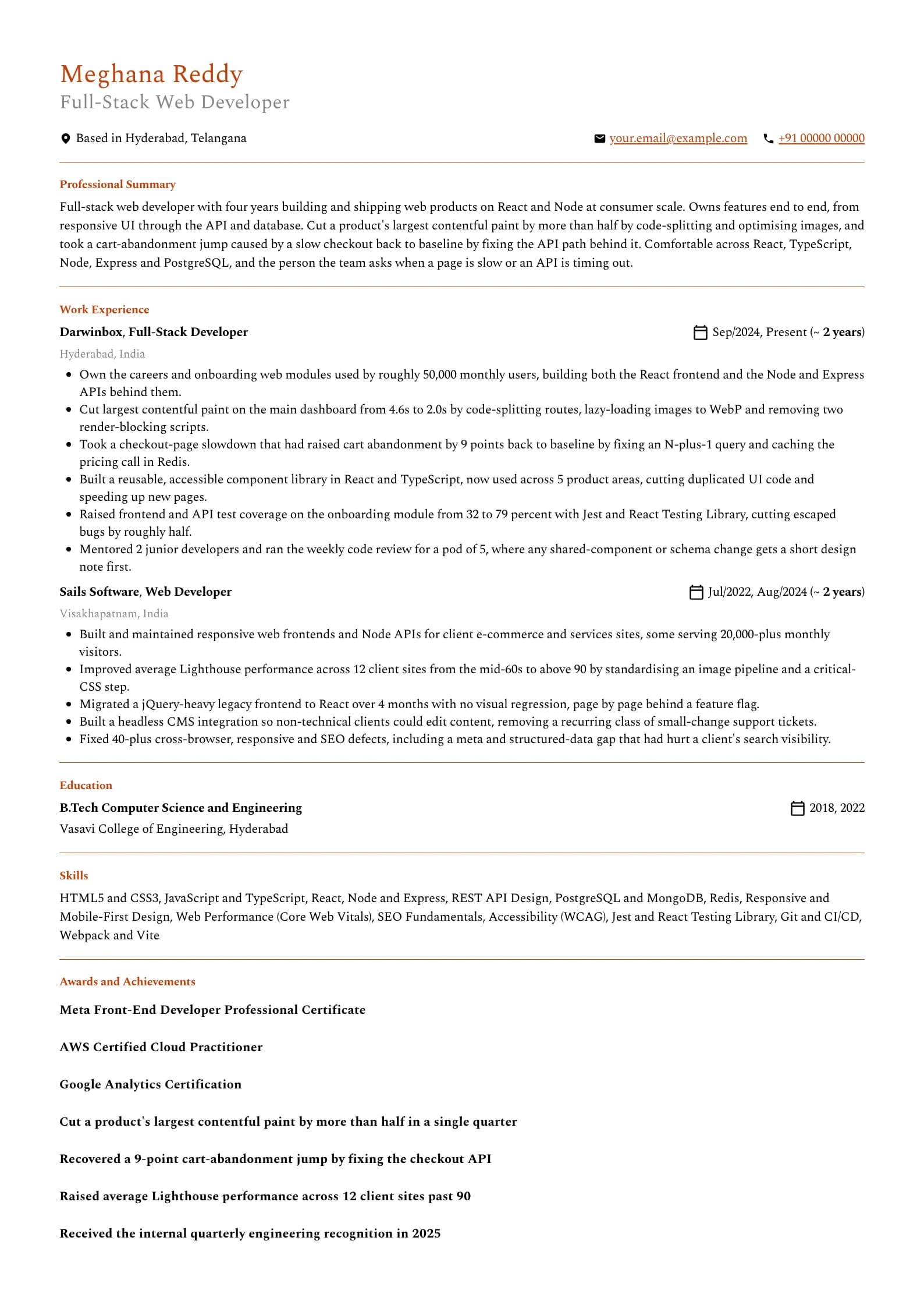 Web Developer resume example for Mid-level (4 years), professional template, showing professional summary, work experience, skills, education and certifications