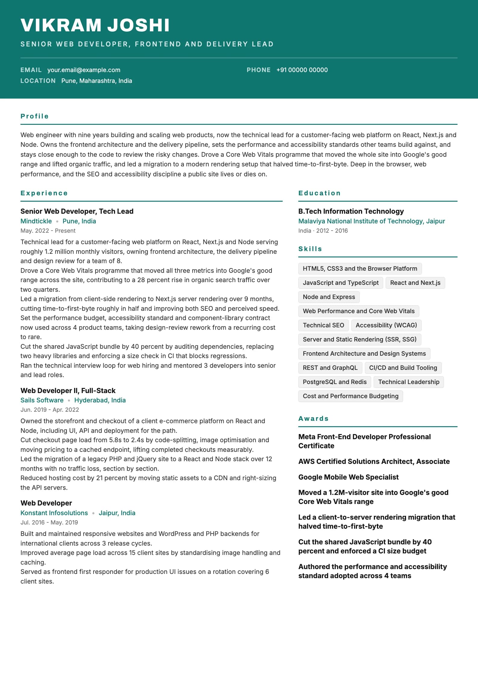 Web Developer resume example for Senior (9 years), header-band template, showing professional summary, work experience, skills, education and certifications