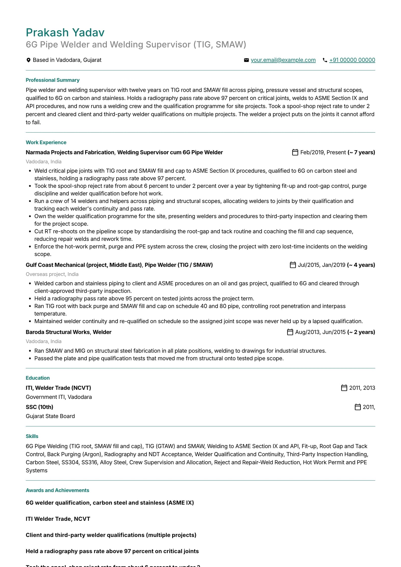 Welder resume example for 6G Pipe Welder / Supervisor (12 years), professional template, showing professional summary, work experience, skills, education and certifications