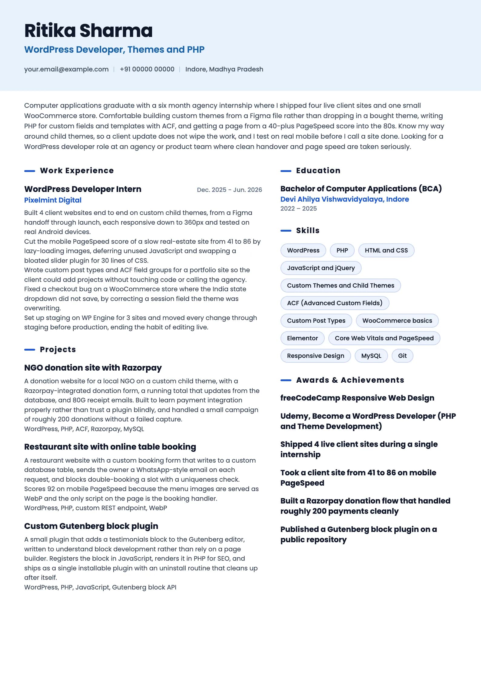 WordPress Developer resume example for Fresher (0 to 1 year), ai-era template, showing professional summary, work experience, projects, skills, education and certifications