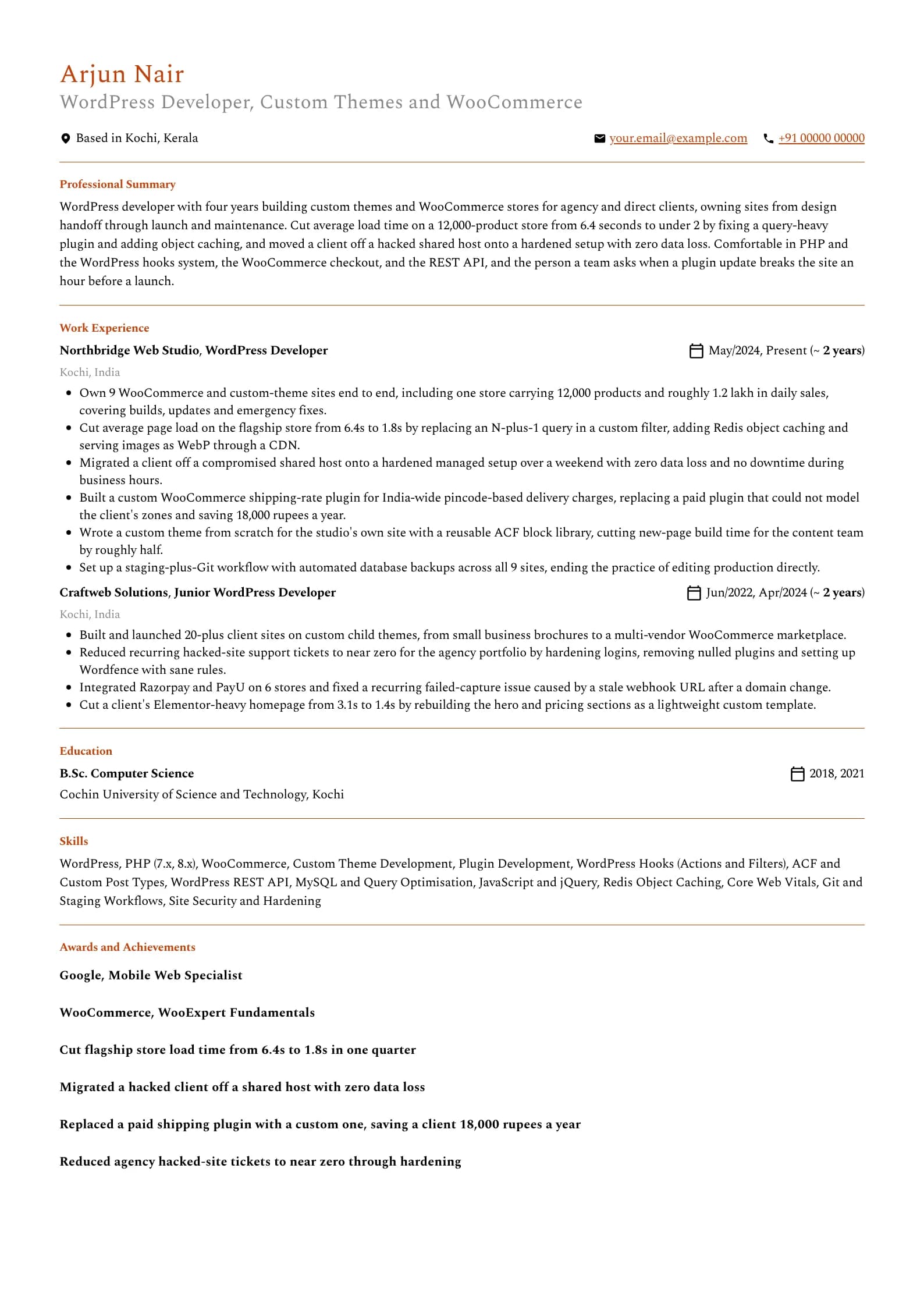 WordPress Developer resume example for Mid-level (4 years), professional template, showing professional summary, work experience, skills, education and certifications