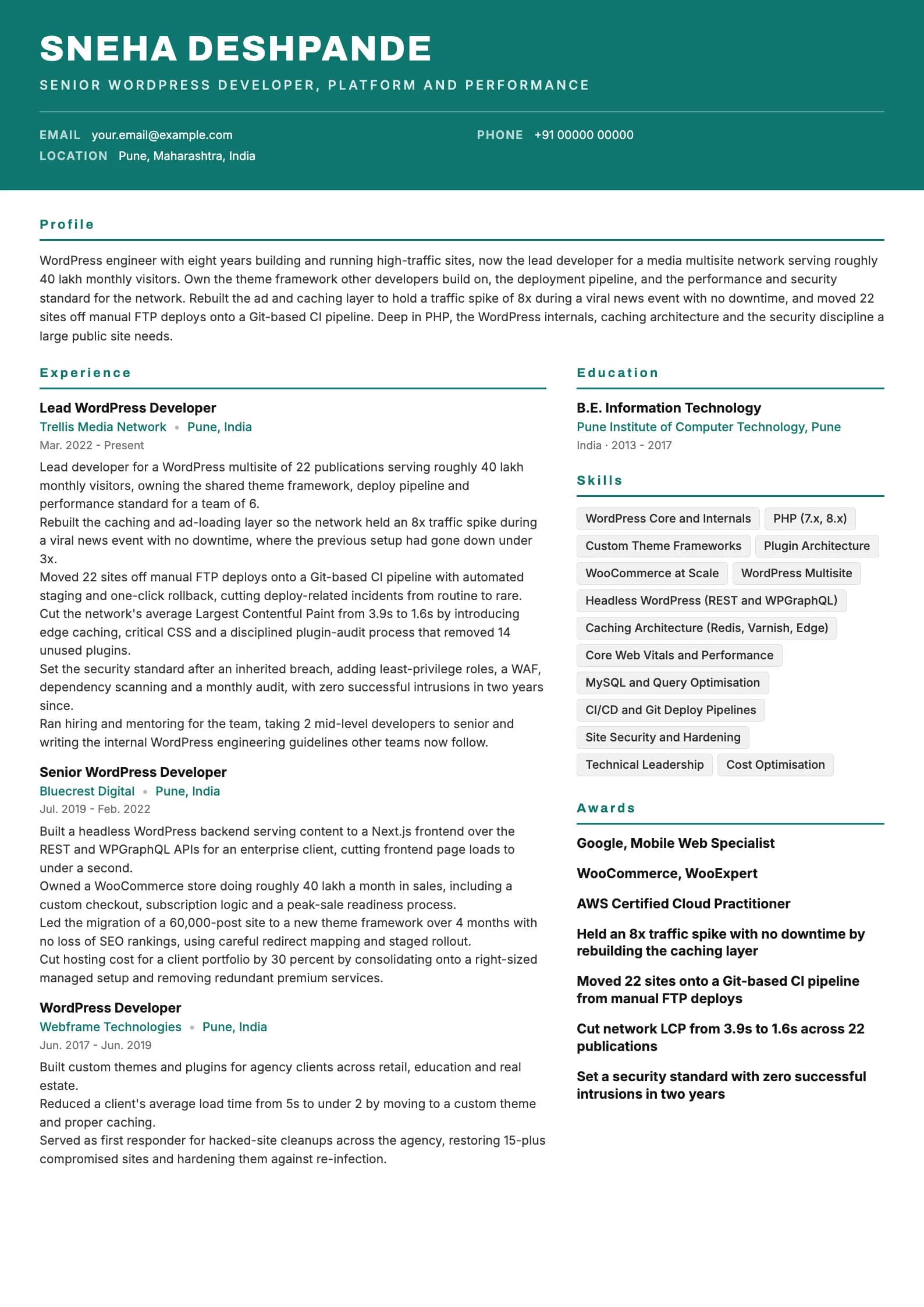 WordPress Developer resume example for Senior (8 years), header-band template, showing professional summary, work experience, skills, education and certifications