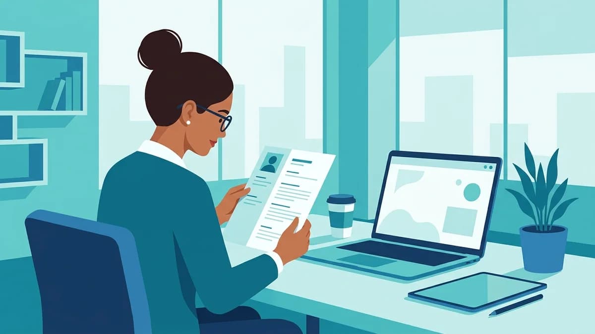 Illustration of a woman in glasses reviewing a printed resume at a teal office desk with laptop and tablet