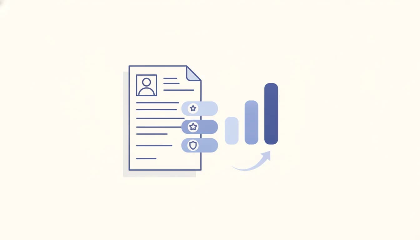 Line illustration of a resume with starred skill badges beside a rising bar chart, showing strengths on a CV
