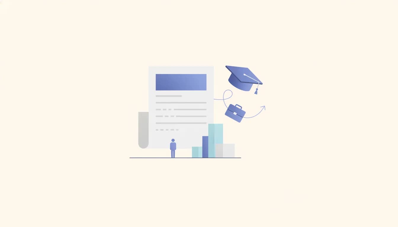 Illustration of a resume with a highlighted summary block, a graduation cap and briefcase arcing towards a rising bar chart