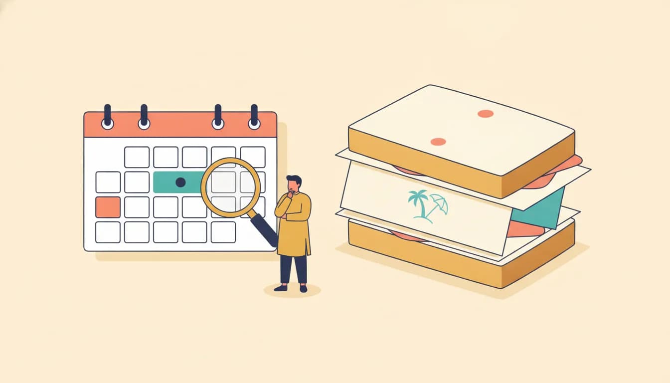 Flat vector illustration of a sandwich built from blank calendar pages, a holiday layer marked with a palm tree and beach umbrella sitting between two leave layers, beside an empty monthly calendar grid with highlighted days under a magnifying glass and an Indian office worker in a mustard kurta