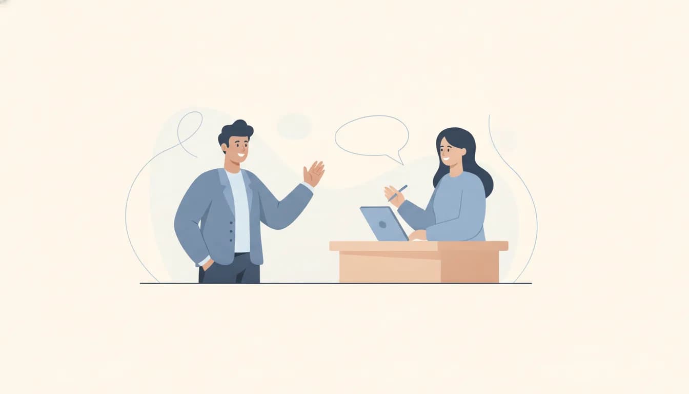 Illustration of a candidate giving a self introduction with a speech bubble while an interviewer takes notes at a desk