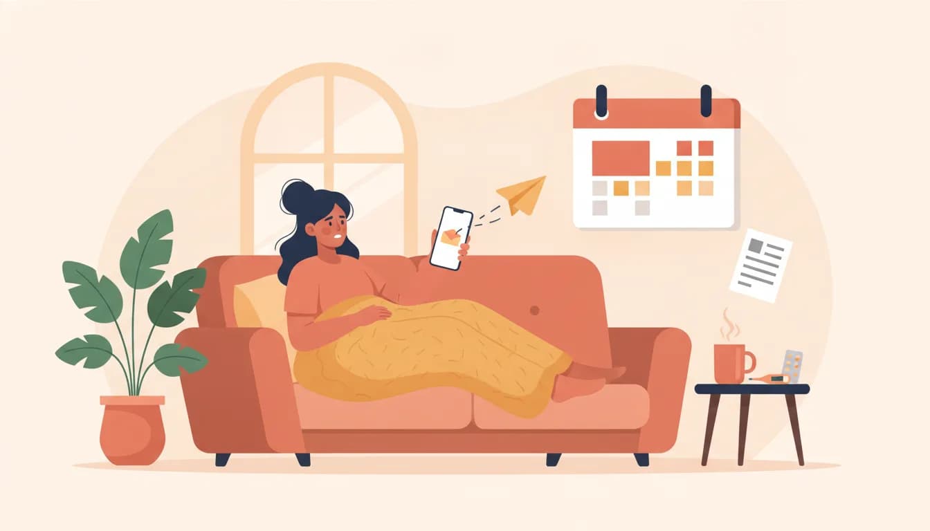 Flat illustration of an unwell Indian woman resting at home under a blanket with tea and a thermometer, sending a sick leave application from her phone toward a calendar with two marked days