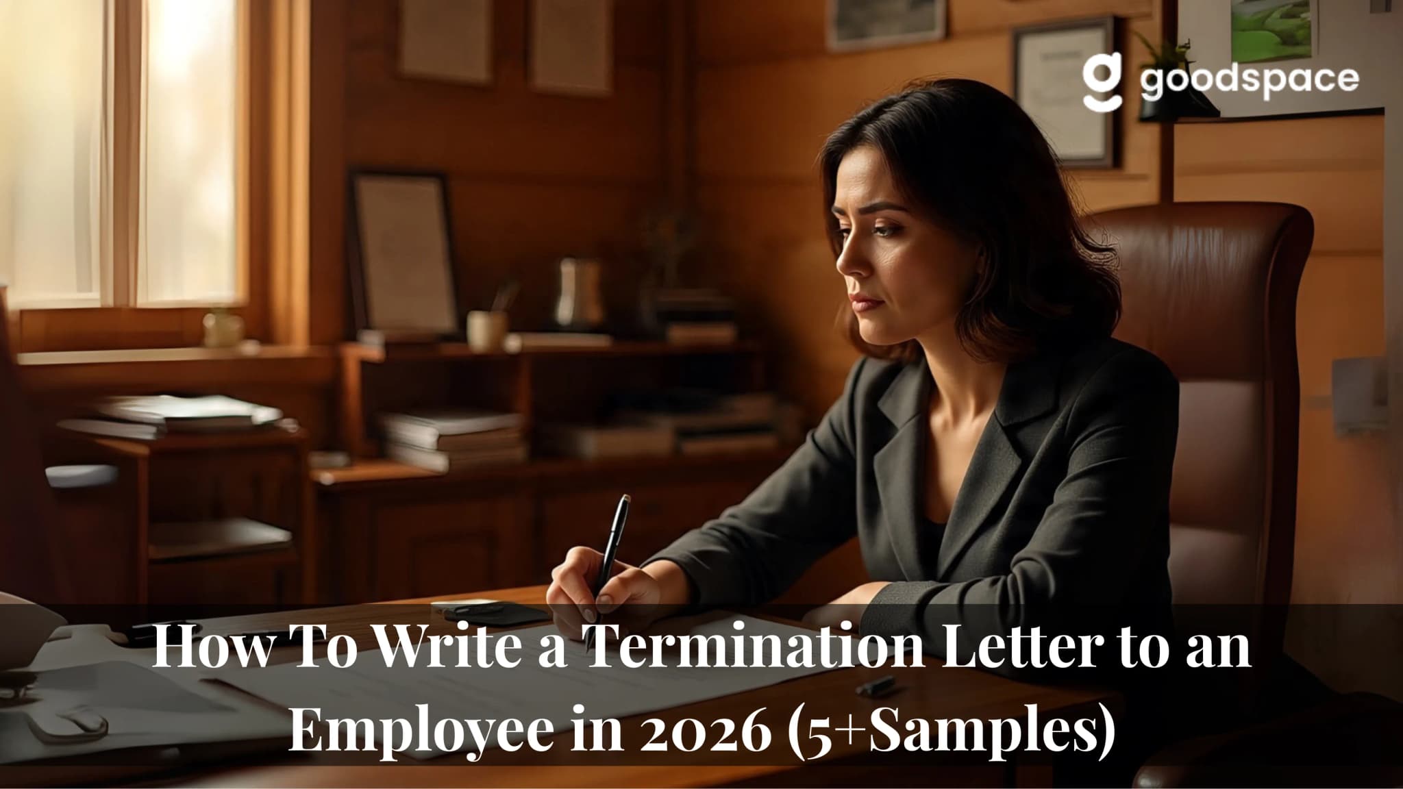 Photo of an HR manager in a dark blazer writing at a wooden desk in a warm wood panelled office