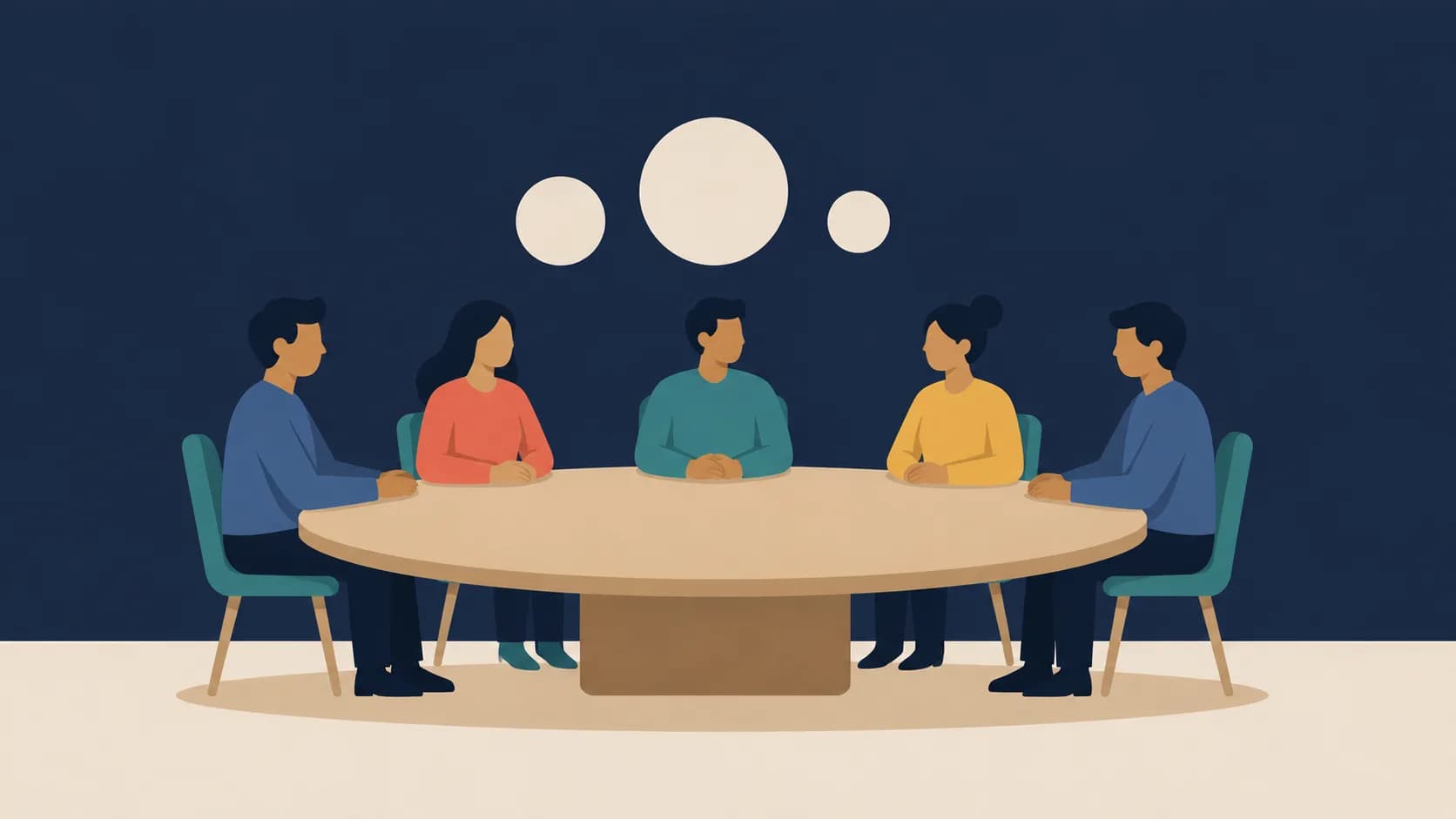 Flat illustration of five colleagues seated around a round table, representing teamwork in the workplace.