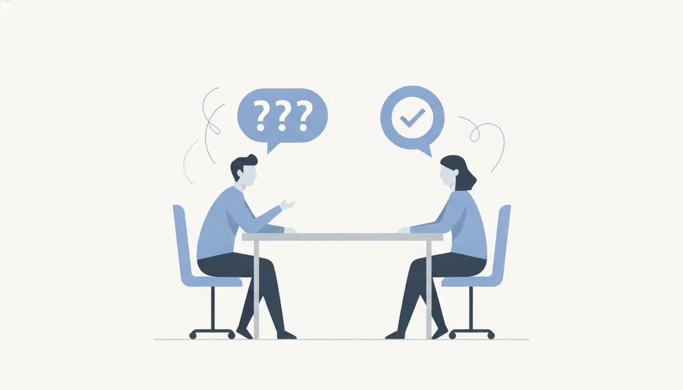 Illustration of a candidate with a question mark bubble facing an interviewer with a tick bubble across a table