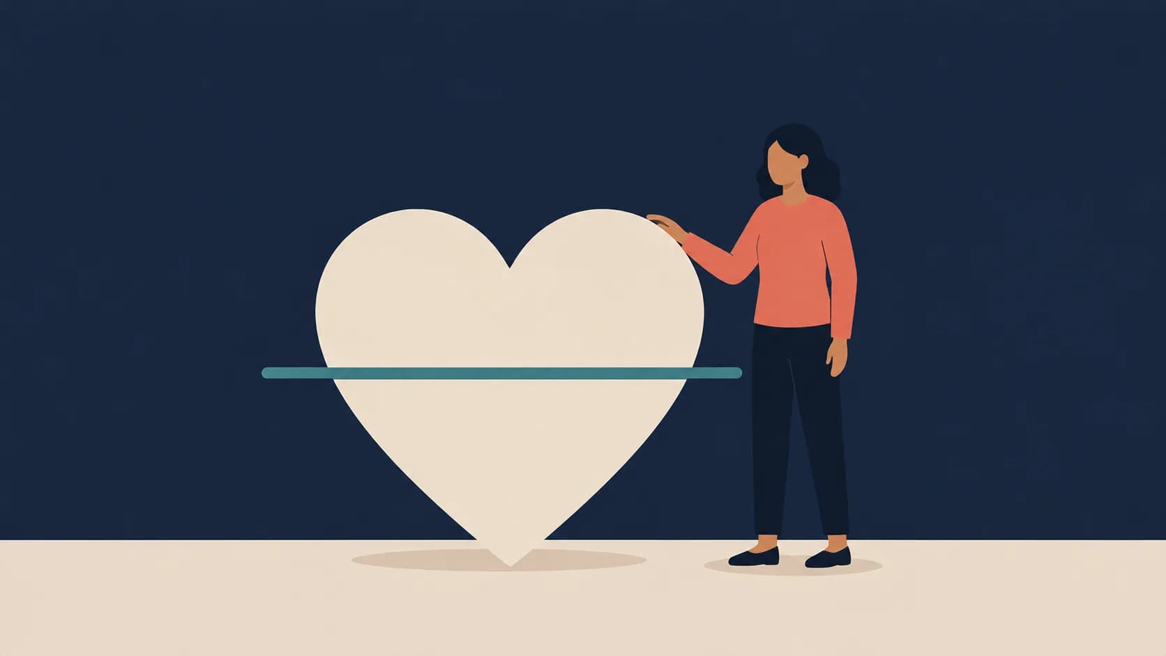 Flat illustration of a heart with a straight line through it beside a person, representing kindness combined with directness at work.