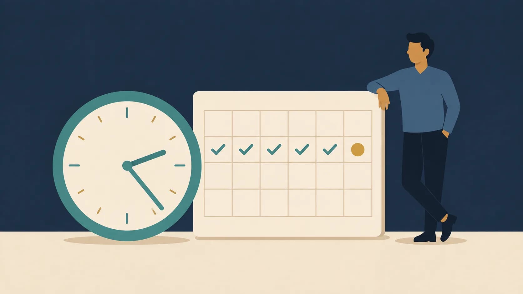 Flat illustration of a clock beside a calendar of completed days, representing reliability and consistent delivery at work.