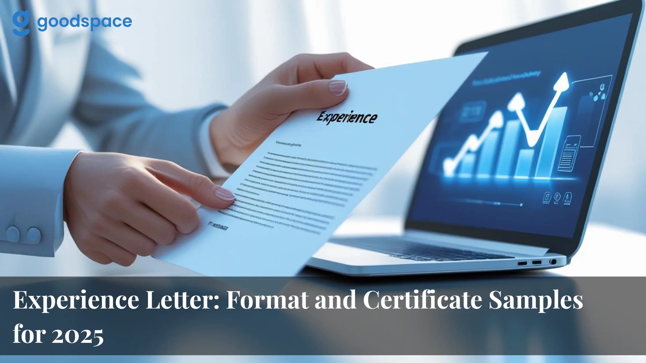 Close up of hands holding a printed document headed Experience beside a laptop showing blue growth charts