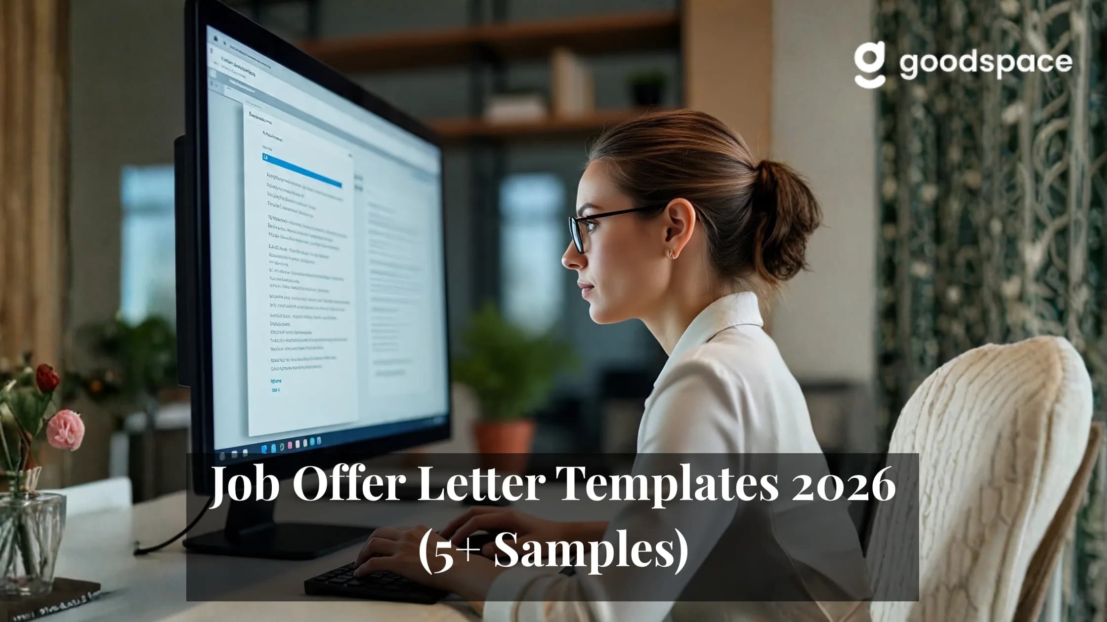 Woman at a desktop monitor drafting a job offer letter, captioned Job Offer Letter Templates 2026