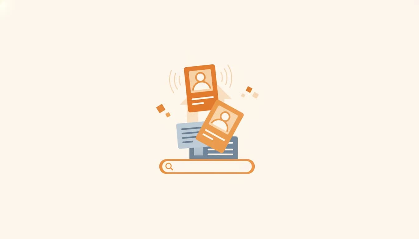 Illustration of two profile cards rising out of a search bar, showing a job profile surfacing to recruiters