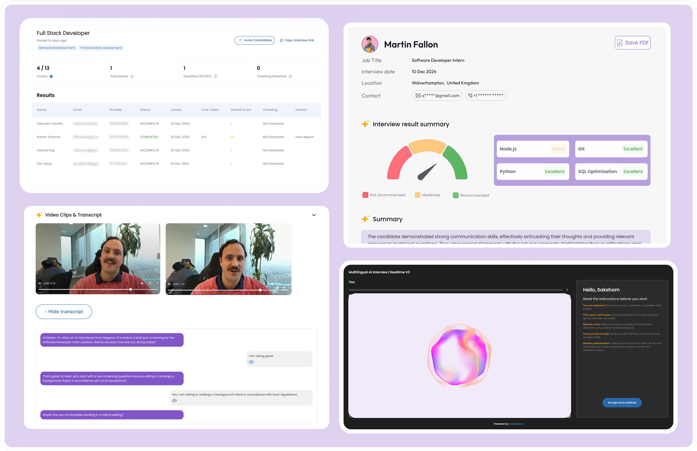 AI Interviewer platform dashboard showing live video interview in progress with candidate assessment analytics