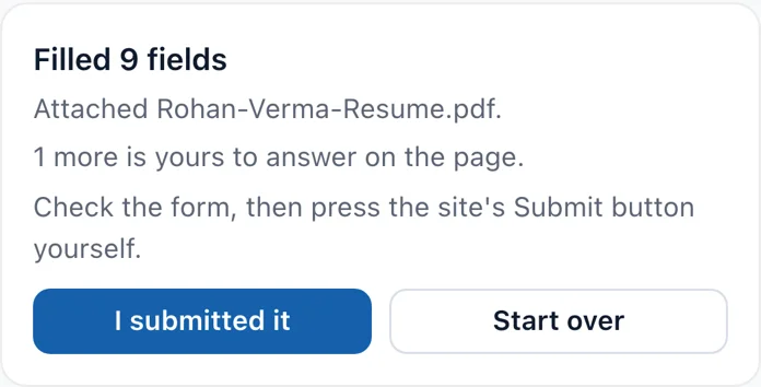 Filled 9 fields. Attached Rohan-Verma-Resume.pdf. Check the form, then press the site's Submit button yourself.