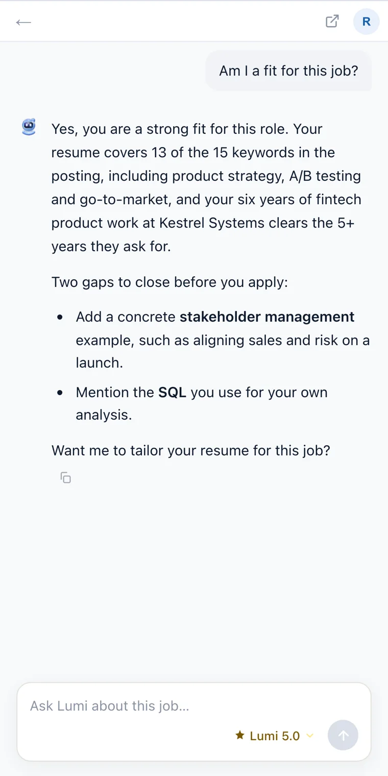 Lumi answering Am I a fit for this job? with a strong fit and two keyword gaps