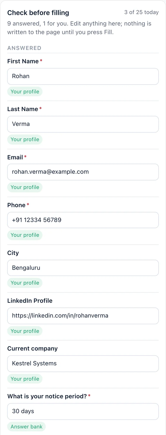 Check before filling: First Name, Last Name and Email from your profile