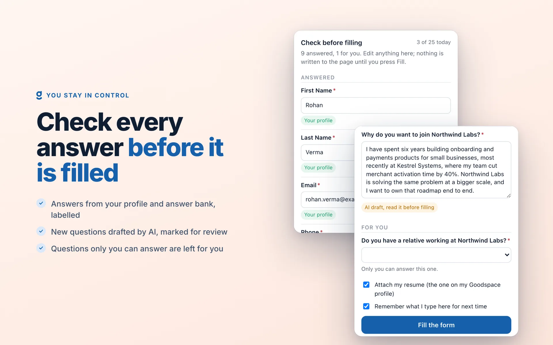 Check before filling: answers from the profile and an AI drafted answer to review