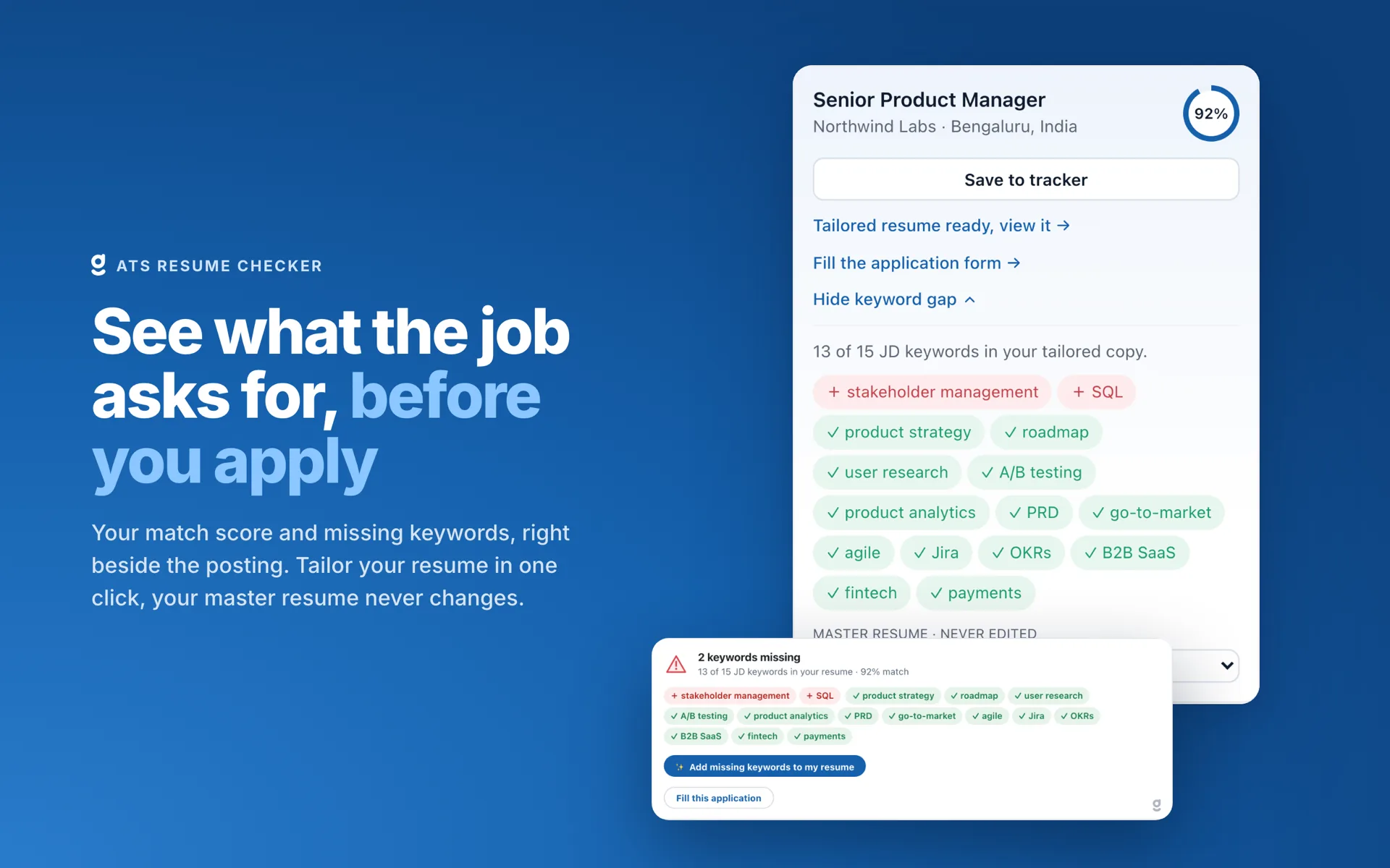 ATS resume checker: 13 of 15 job description keywords and the two missing ones