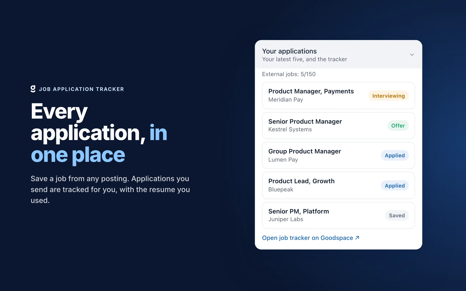 Job application tracker in the side panel with Interviewing, Offer, Applied and Saved jobs